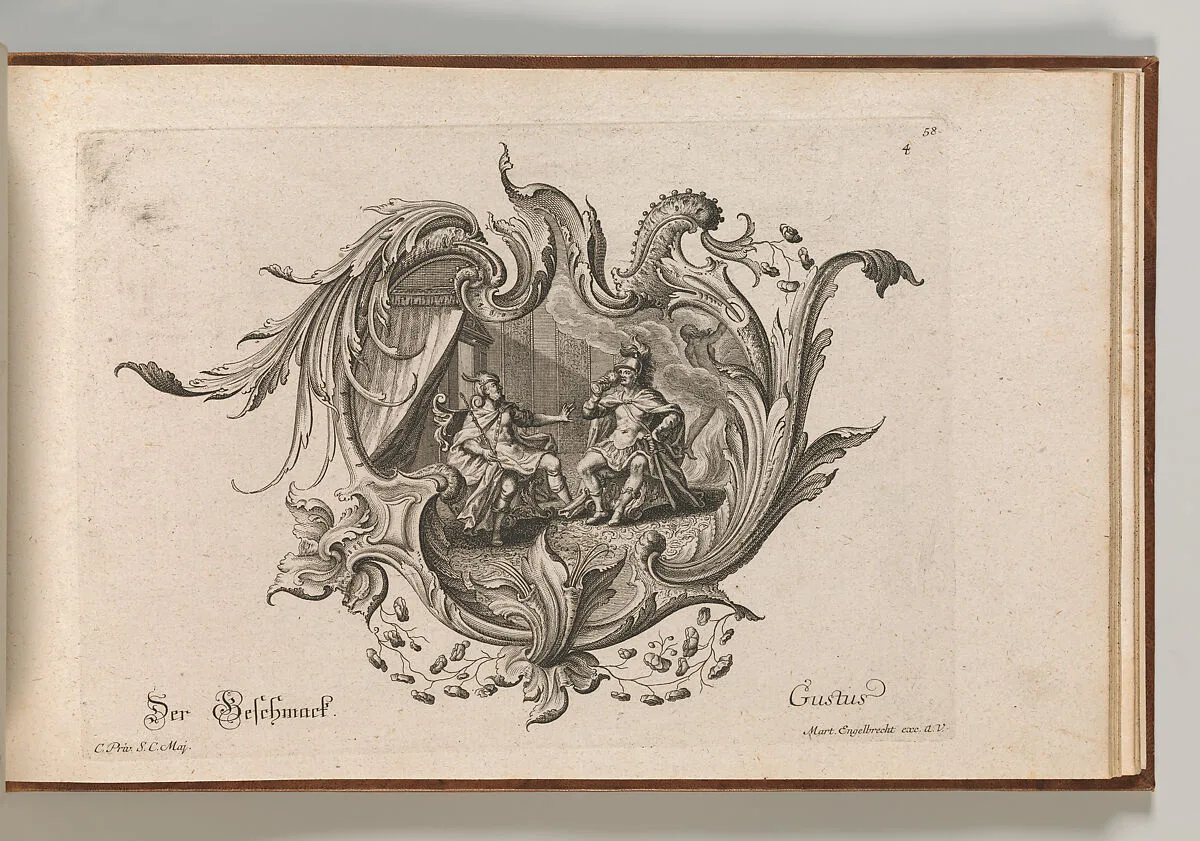 Design for a Cartouche and a Representation of 'Taste', Plate 4 from 'Neu Inventierte auf die artigste Facon Sehr nutzliche Schild.' — Martin Engelbrecht|Johann Georg Pintz|Johannes Rumpp