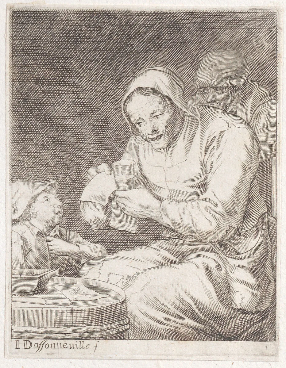 An old woman holding a glass and a piece of paper, a child at left and a man behind her at right — Jacques Dassonville