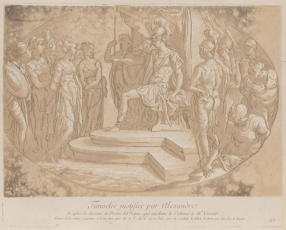 Alexander the Great freeing Timoclea; from 'Recueil d'estampes d'après les plus beaux tableaux et d'après les plus beaux desseins qui sont en France, Cabinet Crozat' — Nicolas Le Sueur|Taddeo Zuccaro|Perino del Vaga (Pietro Buonaccorsi)|Anne Claude Philippe de Tubières, comte de Caylus