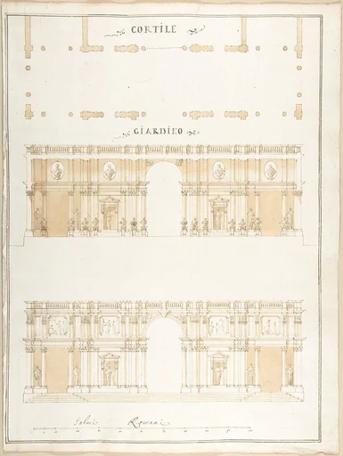 Plan, Section and Exterior Elevation of a Villa