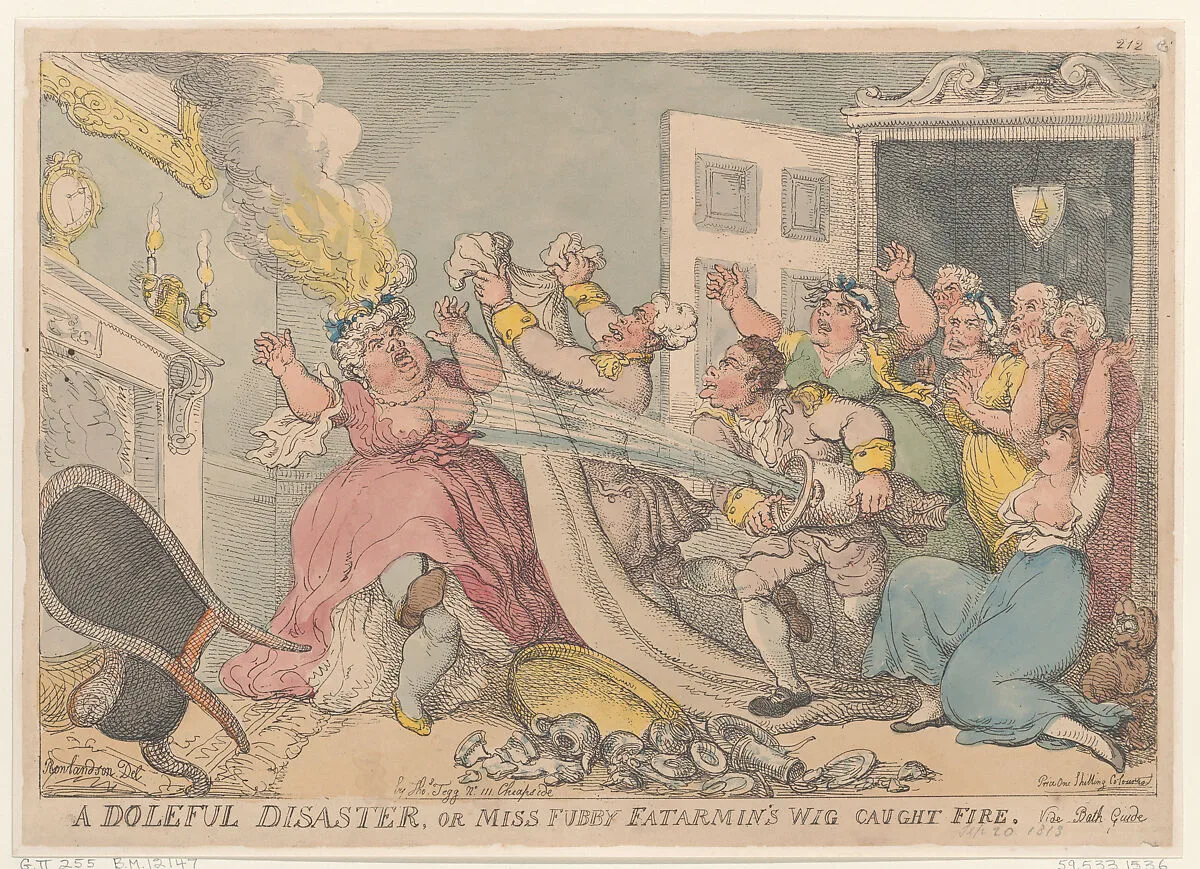 A Doleful Disaster, or Miss Fubby Fatarmin's Wig Caught Fire — Thomas Tegg|Thomas Rowlandson