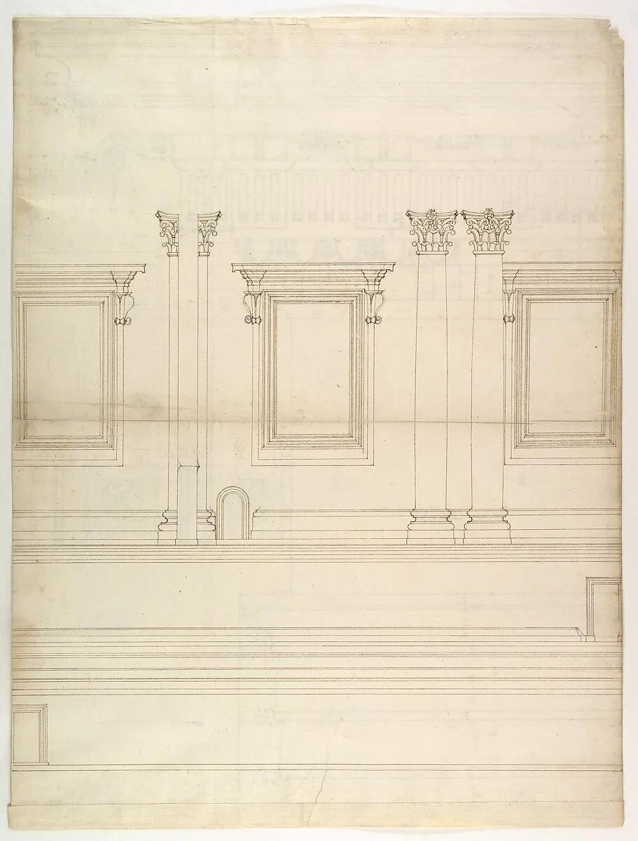 St. Peter's, drum, exterior, elevation (recto) St. Peter's, tribune, entablature, section and details (verso) — Etienne DuPérac|Anonymous, French, 16th century