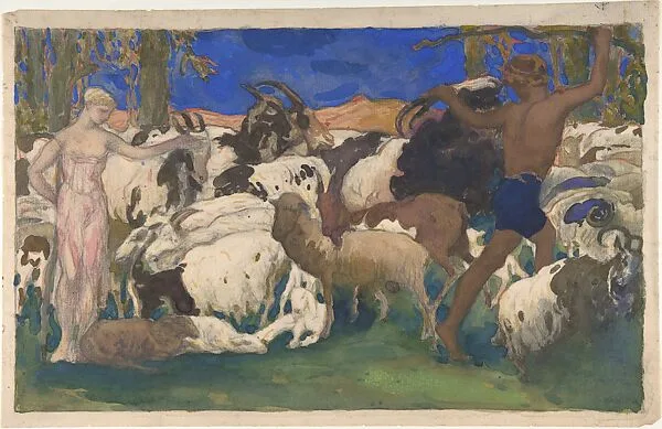 Landscape with Shepherds, Set Design for the Ballet 'Daphnis and Chloé', performed at the Théâtre du Châtelet in Paris, 1912 — Léon Bakst