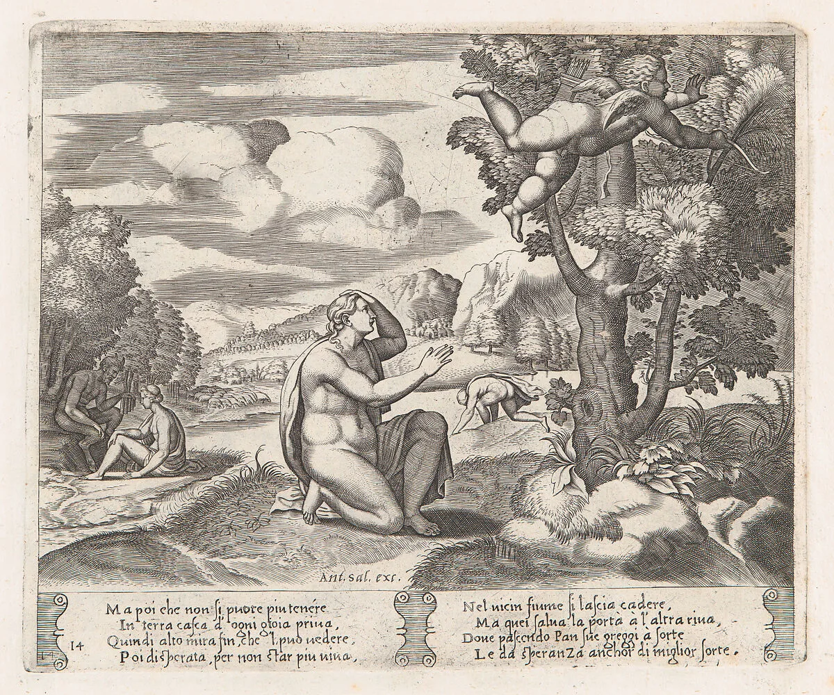 Plate 14: Psyche kneeling in the foreground as Cupid flees from her, from "The Story of Cupid and Psyche as told by Apuleius" — Antonio Salamanca|Master of the Die|Michiel Coxie (I)