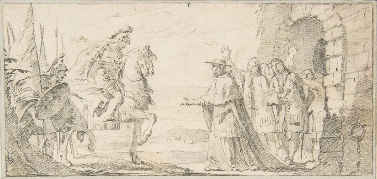 Illustration for a Book: Cardinal Receiving a General at a City Gate — Giovanni Battista Tiepolo