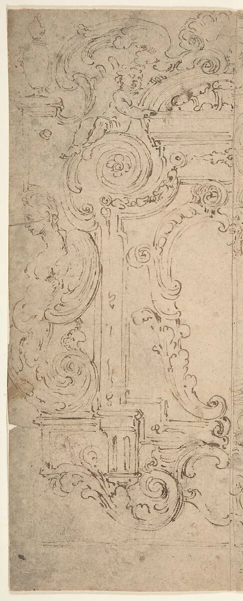 Two Alternatives Designs for a Cartouche Decorated with a Frame, Statues, and Volutes. — Michelangelo Colonna