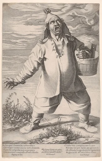 Geminiano Caldarostaro crying out and holding a tub, with a tasseled hat