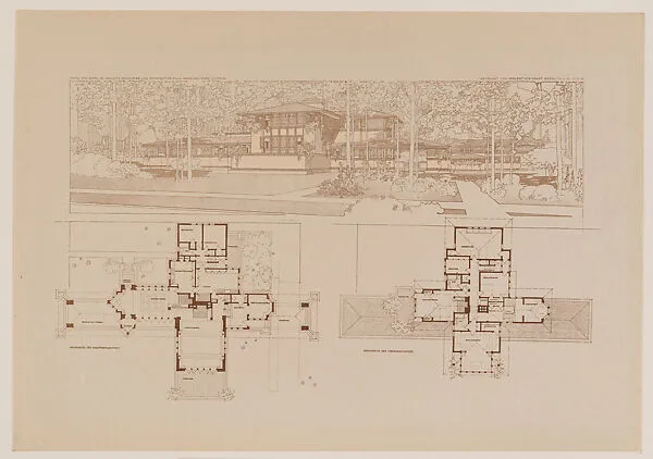 Perspective and plans Ward W. Willits villa, Highland Park, Illinois — Frank Lloyd Wright|Ernst Wasmuth