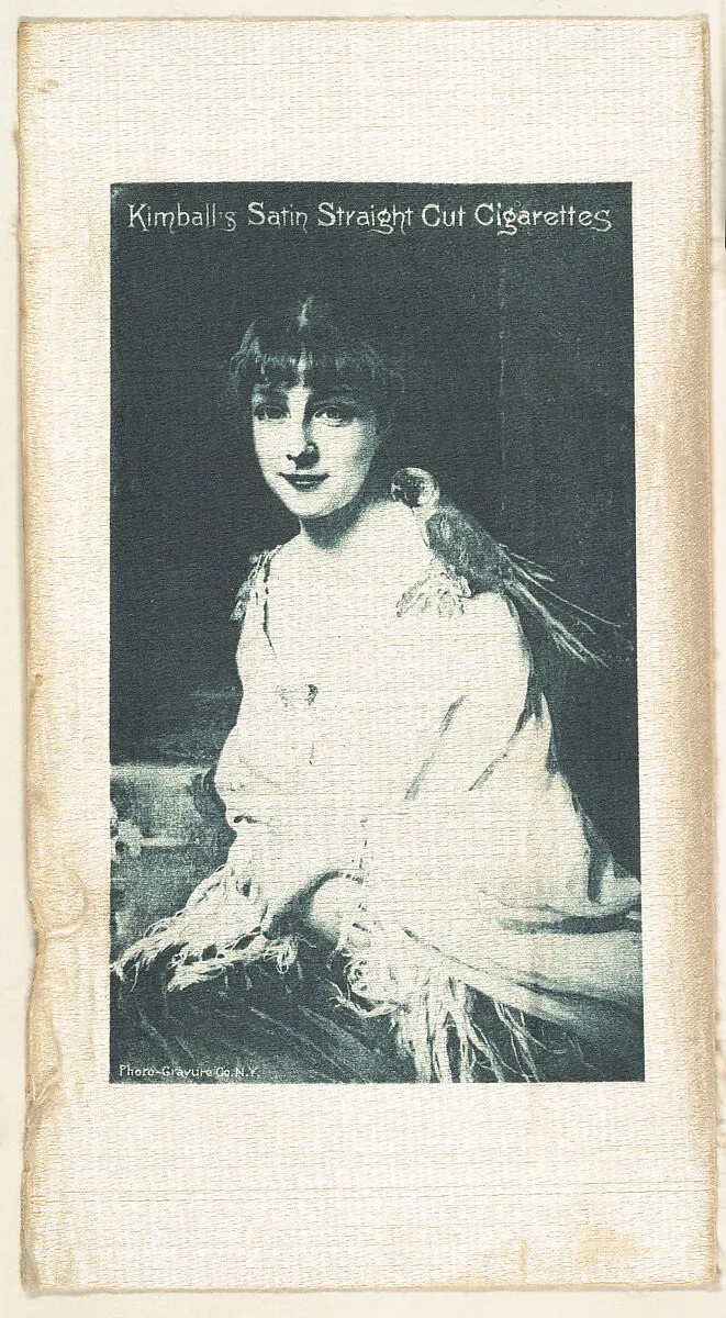 Seated woman with bird on shoulder (on white silk), from the Girl Art Subjects series (N193) issued by Wm. S. Kimball & Co. — William S. Kimball & Company|The Photo-Gravure Company