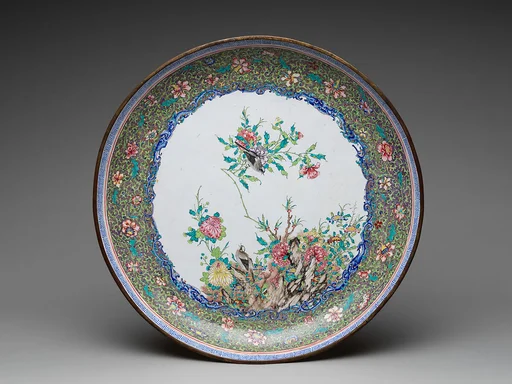 清乾隆  銅胎畫琺瑯花鳥紋盤|Plate with birds and flowers
