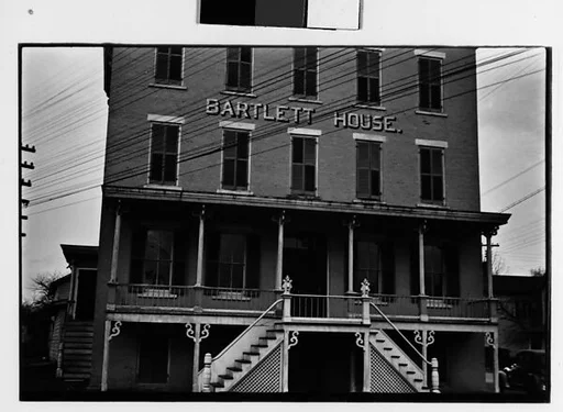 [Three 35mm Film Frames: "Bartlett House" Hotel Façade Detail, Ghent, New York; Brick Greek Revival House, Claverack, New York; Oblique View of Brick House From Road, Claverack, New York]