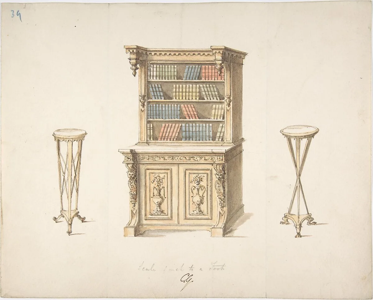 Design for a Bookcabinet and Two Pedestals — Anonymous, British, 19th century