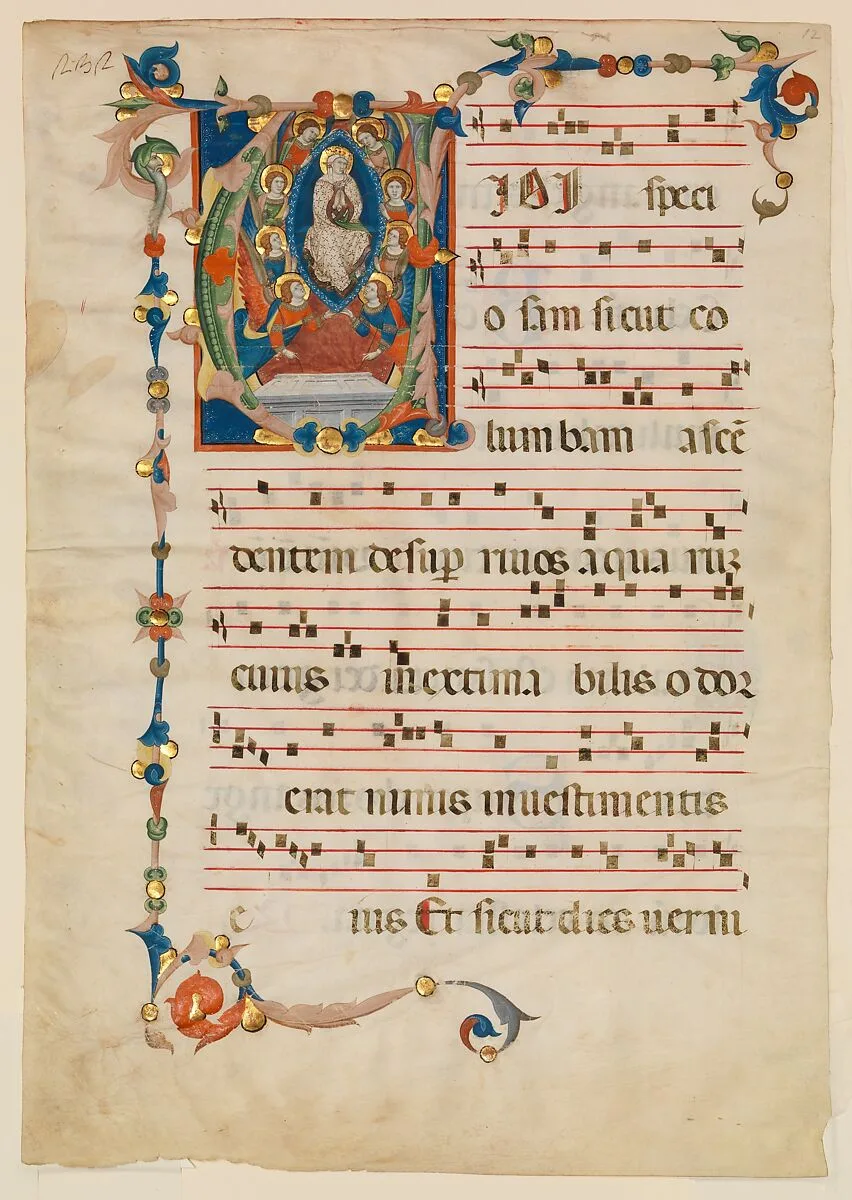 Manuscript Leaf with the Assumption of the Virgin in an Initial V, from an Antiphonary — Niccolò di ser Sozzo