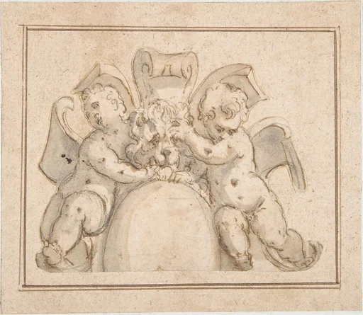 Strapwork Cartouche with Putti and a Lion's Mask