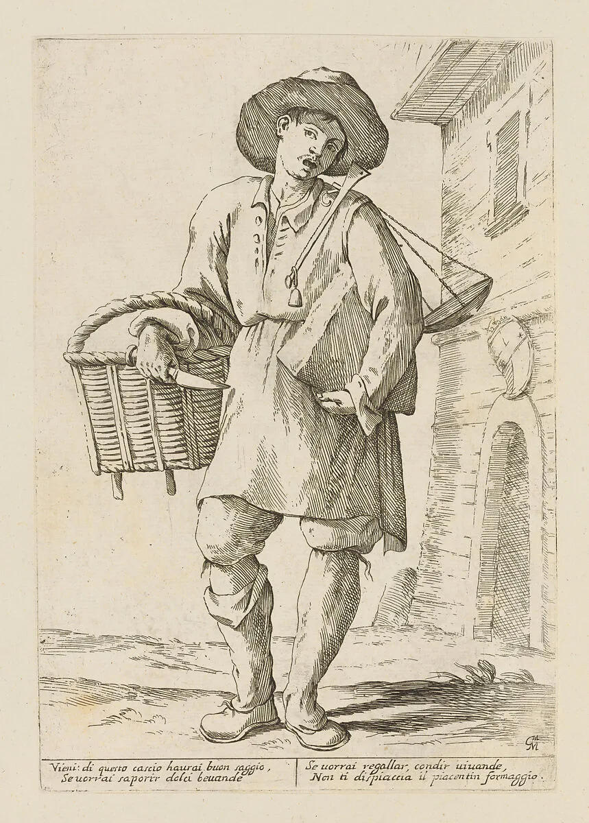 Cheese Vendor, from Di Bologna l'Arti per via D'An.ibal' Ca.rac, plate 3 — Giuseppe Maria Mitelli|Annibale Carracci|Giovanni Giacomo De Rossi
