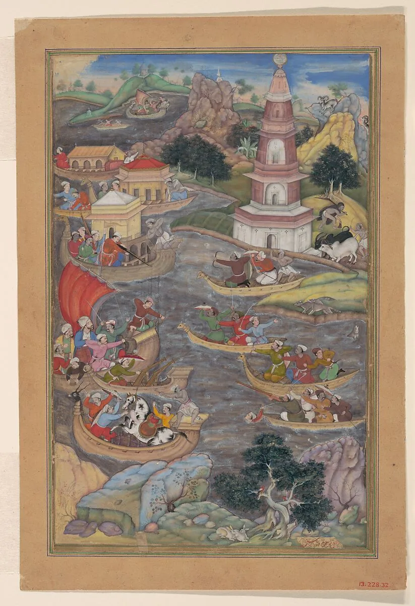 "Alexander Fights a Sea Battle", Folio from a Khamsa (Quintet) of Amir Khusrau Dihlavi — Dharmadas|Amir Khusrau Dihlavi