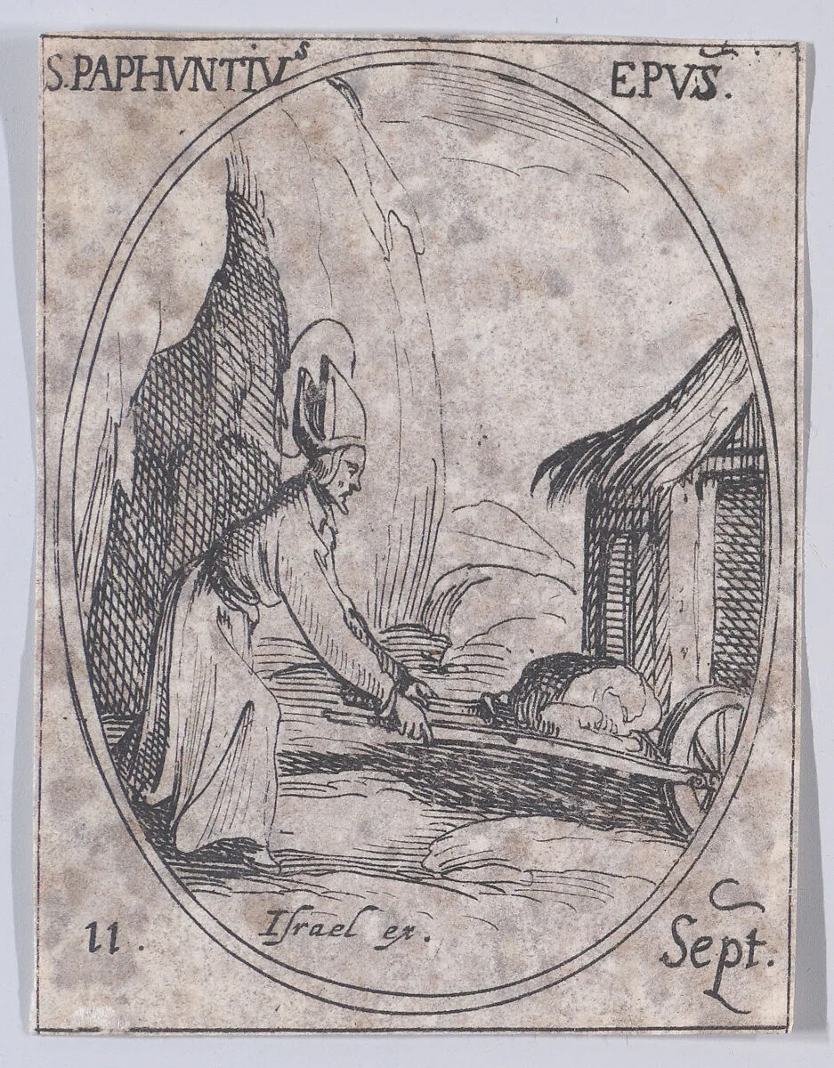 S. Paphnuce, évêque (St. Paphnutius, Bishop), September 11th, from "Les Images De Tous Les Saincts et Saintes de L'Année" (Images of All of the Saints and Religious Events of the Year) — Jacques Callot|Israël Henriet