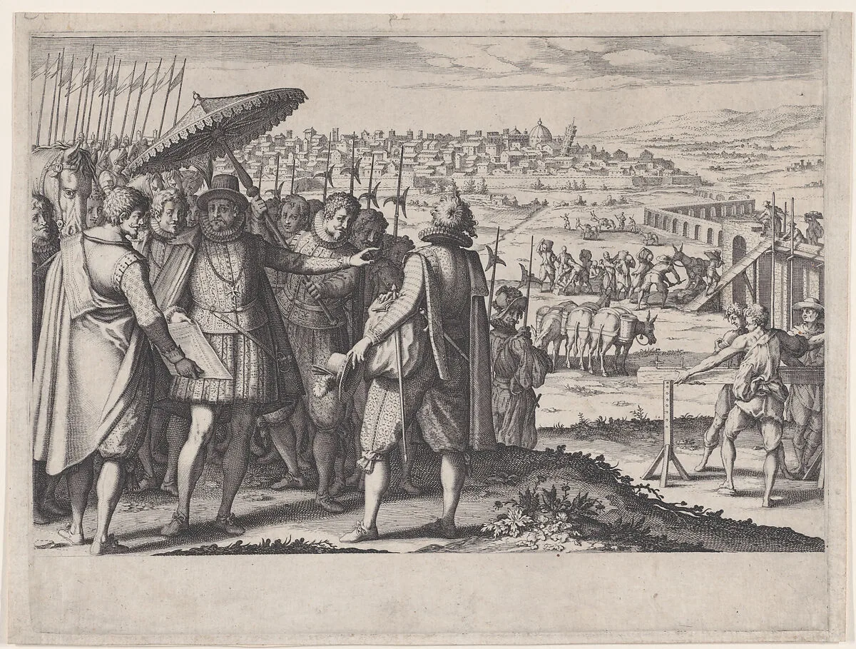 Restauration de L'Aqueduc de Pise (Restoring the Aqueduct in Pisa), from La Vie de Ferdinand Ier de Médicis série appelée aussi Les Batailles des Médicis (The Life of Ferdinand I de'Medici also called The Medici Battles) — Jacques Callot|Matteo Rosselli
