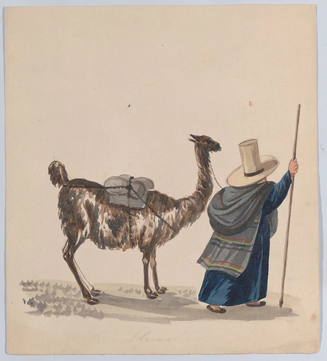 A woman walking with a Llama, from a group of drawings depicting Peruvian dress — Francisco (Pancho) Fierro