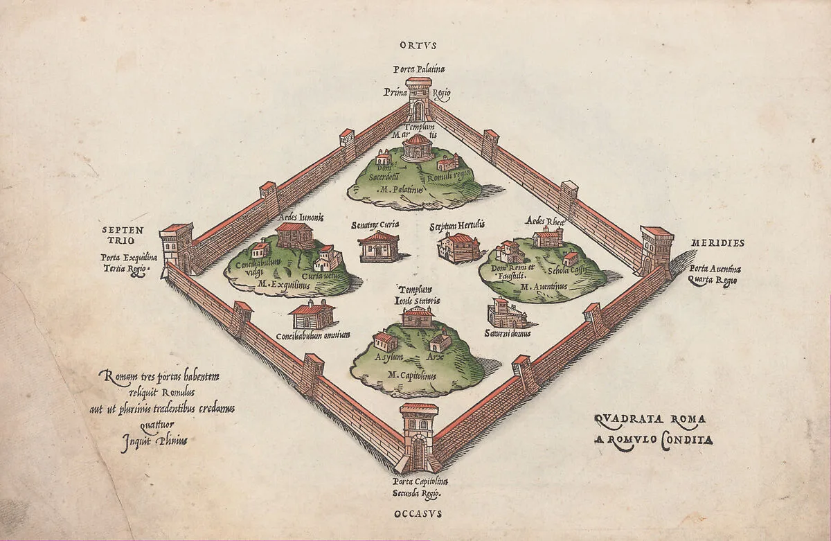 Antiquae Urbis Romae cum Regionibus Simulacrum — Fabio Calvo|Valerio Dorico|Pope Clement VII (Giulio de Medici)|Tolomeo Egnazio|Ludovico Arrighi|Cardinal Francesco Armellini de' Medici|Fabio Timotheo