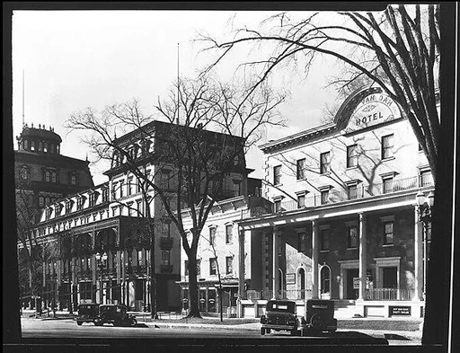 [View of Broadway Showing Adelphi and Rip Van Dam Hotels, Saratoga Springs, New York]