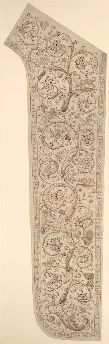 Cartoon for embroidery of a panel of a chasuble, decorated with floral, bud and animal designs — Anonymous, Austrian, 17th century|Anonymous, Italian, 17th century