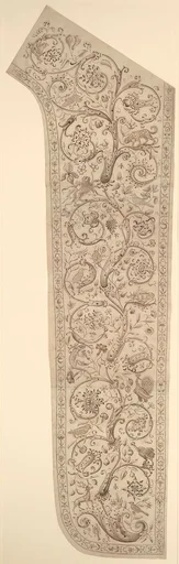 Cartoon for embroidery of a panel of a chasuble, decorated with floral, bud and animal designs