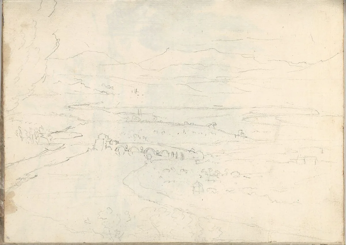 Landscape with River, Arched Bridge and Distant Mountains (Smaller Italian Sketchbook, leaf 39 recto) — Joseph Wright (Wright of Derby)