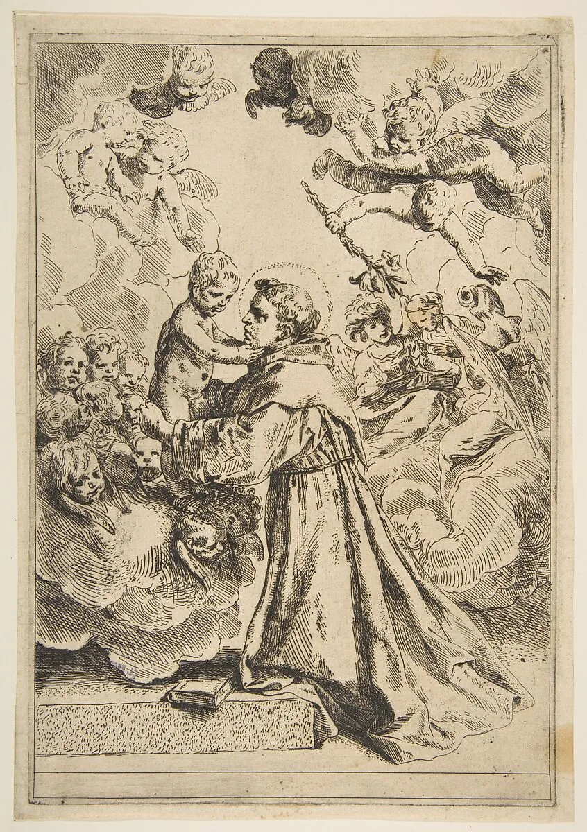 Saint Anthony of Padua adoring the Christ Child in Glory, copy after Cantarini — Simone Cantarini