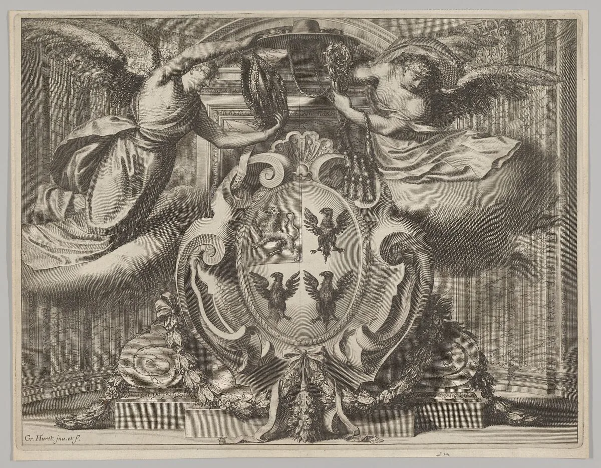 The coat of arms of Claude de Rueil (ca.1581-1649), Bishop of Bayonne, later Bishop of Angers — François Langlois|Grégoire Huret|Jean Couvay
