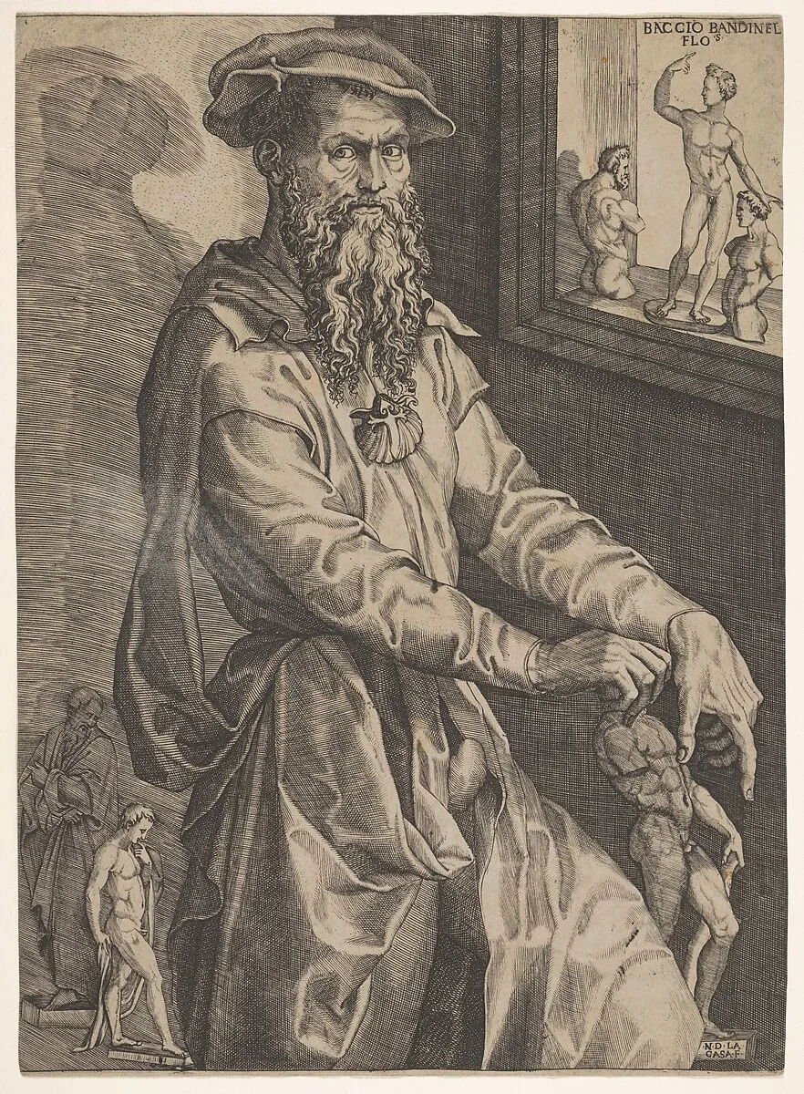 Portrait of Baccio Bandinelli, in three-quarter length next to a window pane containing a statuette and statuette fragments, the artist grasps with his right hand the head of a statuette resting at his left side — Baccio Bandinelli|Niccolò della Casa|Baccio Bandinelli