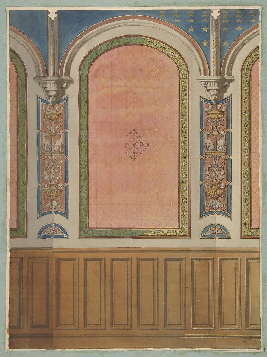 Design for the decoration of wall with wood panels and arched bays — Jules-Edmond-Charles Lachaise|Eugène-Pierre Gourdet