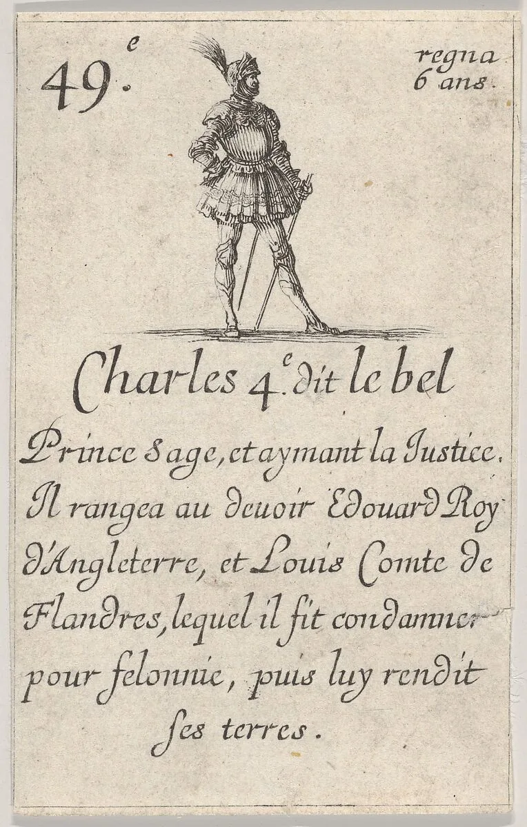 Charles 4.e- dit le bel / Prince sage..., from 'Game of the Kings of France' (Jeu des Rois de France) — Stefano della Bella