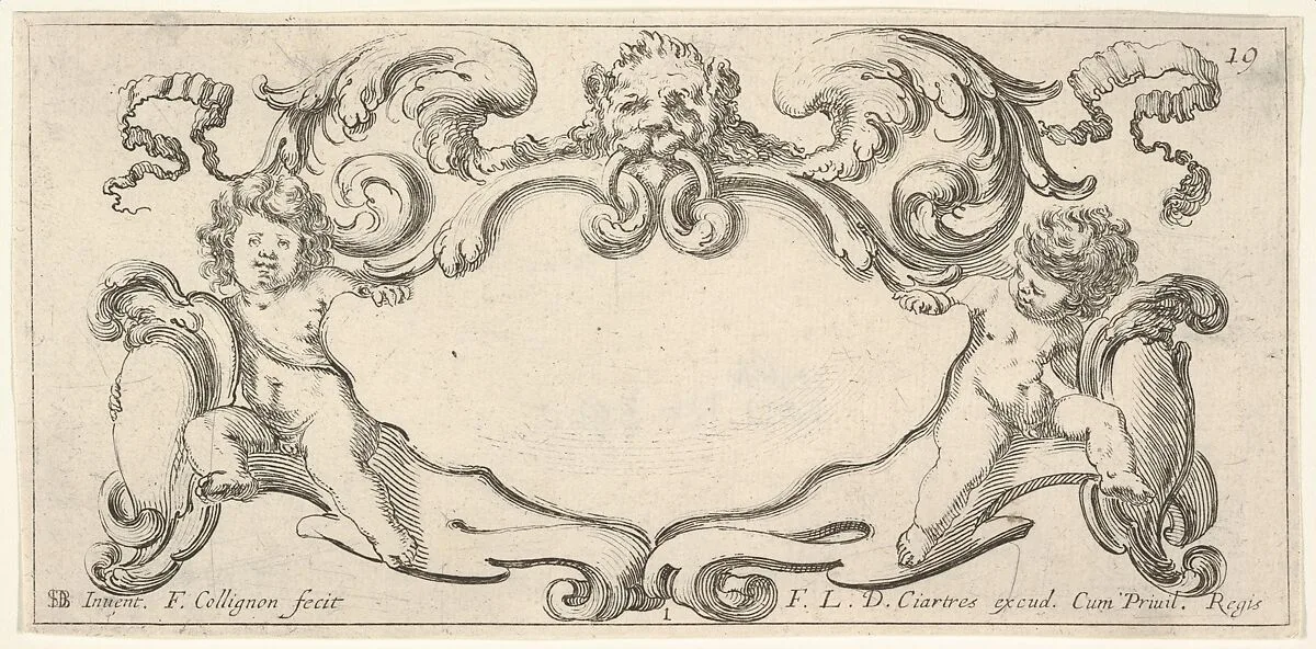 Plate 1: a cartouche with a lion head with wings at top center, a putto holding a blank escutcheon to either side, from 'Twelve cartouches' (Recueil de douze cartouches) — François Langlois|Stefano della Bella|François Collignon