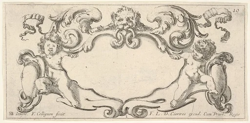 Plate 1: a cartouche with a lion head with wings at top center, a putto holding a blank escutcheon to either side, from 'Twelve cartouches' (Recueil de douze cartouches)