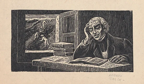 Miguel Hidalgo reading at a desk while laborers work in the fields, illustration for 'Hidalgo' — Alfredo Zalce