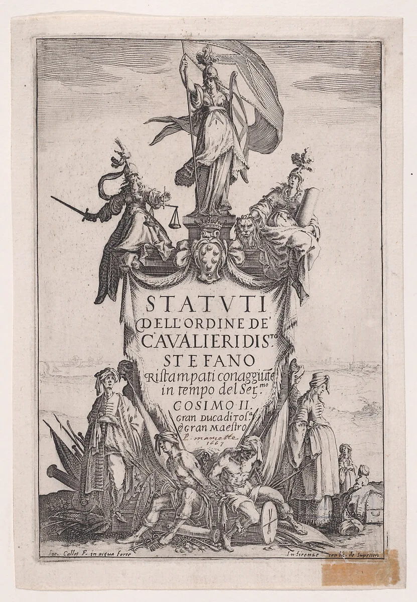 Frontispiece, from Statuti dell'Ordine de' Cavalieri di S.to Stefano (Statutes of the Knights of the Order of St. Stephen) — Jacques Callot|Pietro Cecconcelli