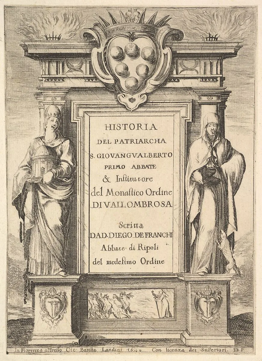 Frontispiece: a monument decorated with the Medici coat of arms at top in center, flames at top to either side, a hooded figure on right side of monument with a weasel below, a figure to left side wearing a papal crown, a scene of a monk chasing away demons with a cross on base of monument, from 'Frontispiece and four scenes from the life of Saint John Gualbert' (Frontispice et quatre vignettes pour une vie de Saint Jean Gualbert) — Stefano della Bella