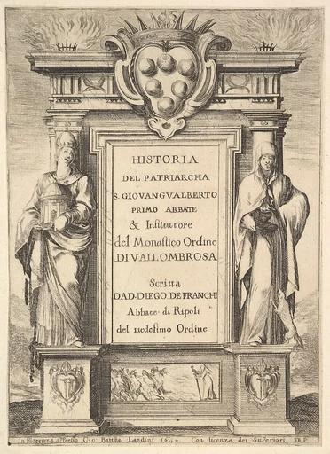 Frontispiece: a monument decorated with the Medici coat of arms at top in center, flames at top to either side, a hooded figure on right side of monument with a weasel below, a figure to left side wearing a papal crown, a scene of a monk chasing away demons with a cross on base of monument, from 'Frontispiece and four scenes from the life of Saint John Gualbert' (Frontispice et quatre vignettes pour une vie de Saint Jean Gualbert)