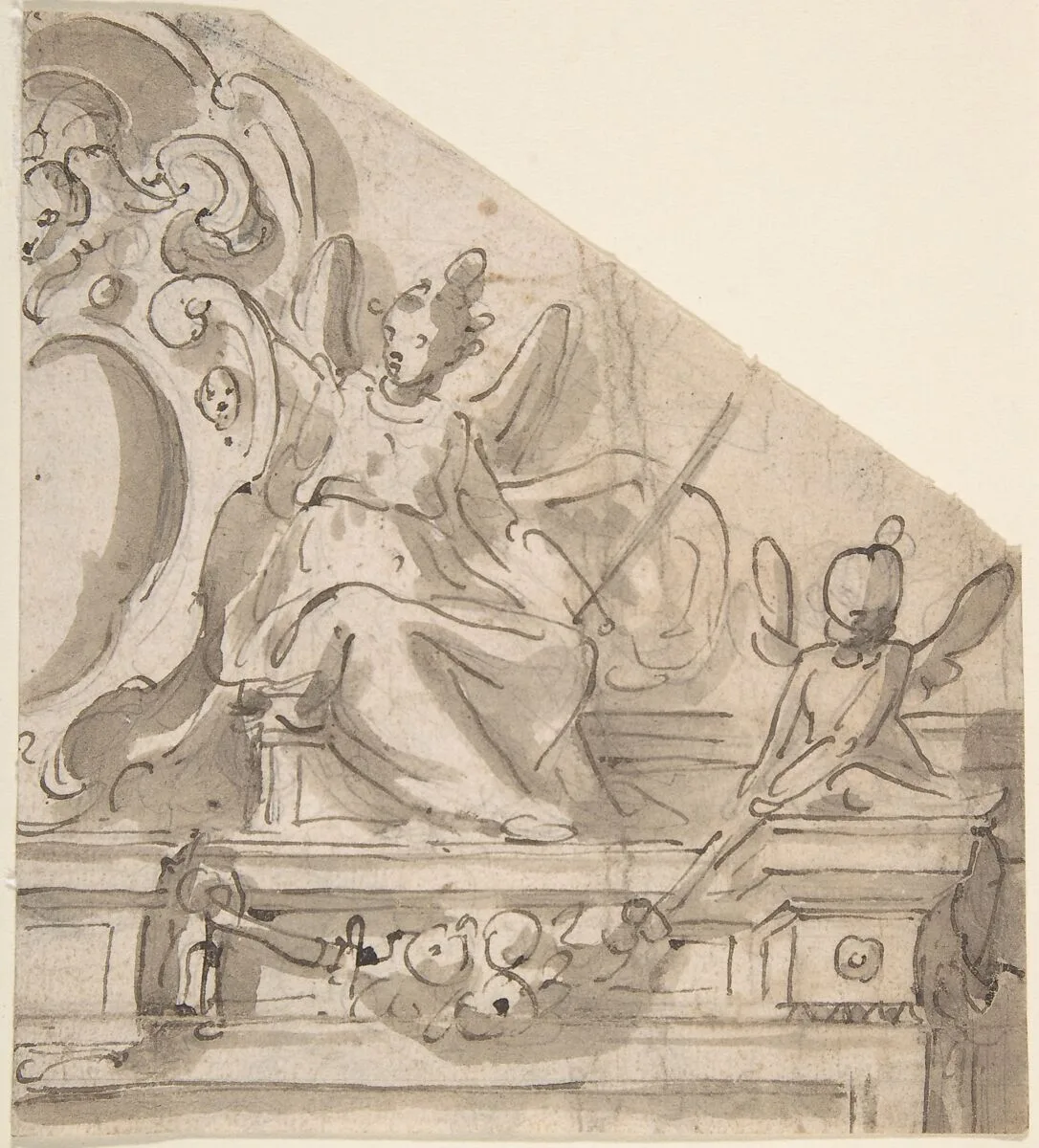 Fragment of a Design for an Overdoor with Seated Angel Supporting Cartouche, and Seated Putto Holding Garland (recto); Fragments of a Cartouche? (verso) — Anonymous, Italian, Roman-Bolognese, 17th century