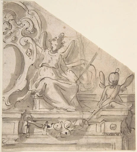 Fragment of a Design for an Overdoor with Seated Angel Supporting Cartouche, and Seated Putto Holding Garland (recto); Fragments of a Cartouche? (verso)