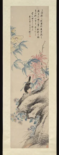清 張熊 八哥秋葵圖 軸|Flower and Bird