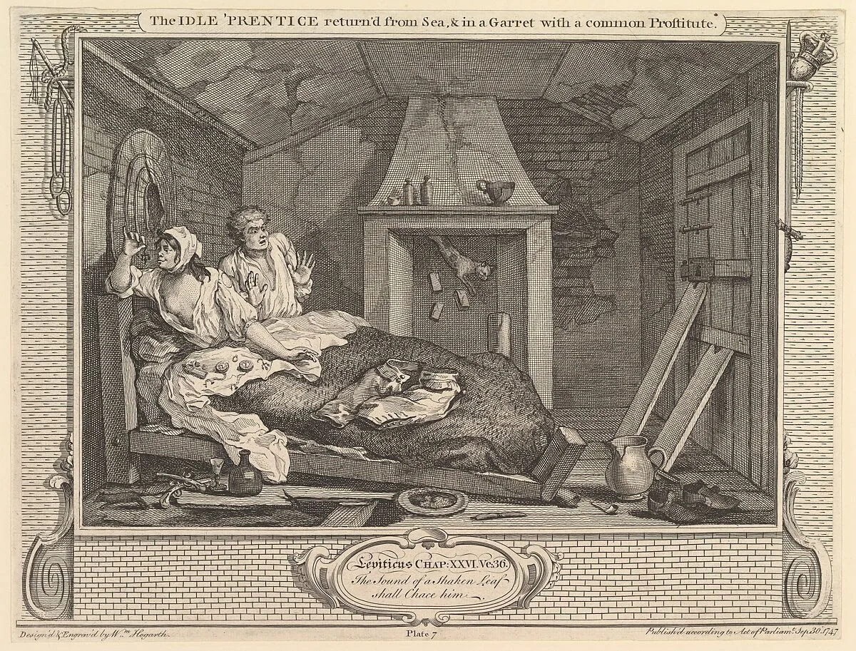 The Idle 'Prentice Returned from Sea and in a Garret with a Common Prostitute: Industry and Idleness, plate 7 — William Hogarth