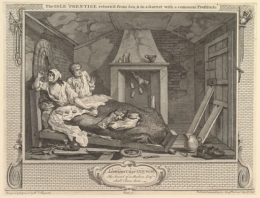 The Idle 'Prentice Returned from Sea and in a Garret with a Common Prostitute: Industry and Idleness, plate 7