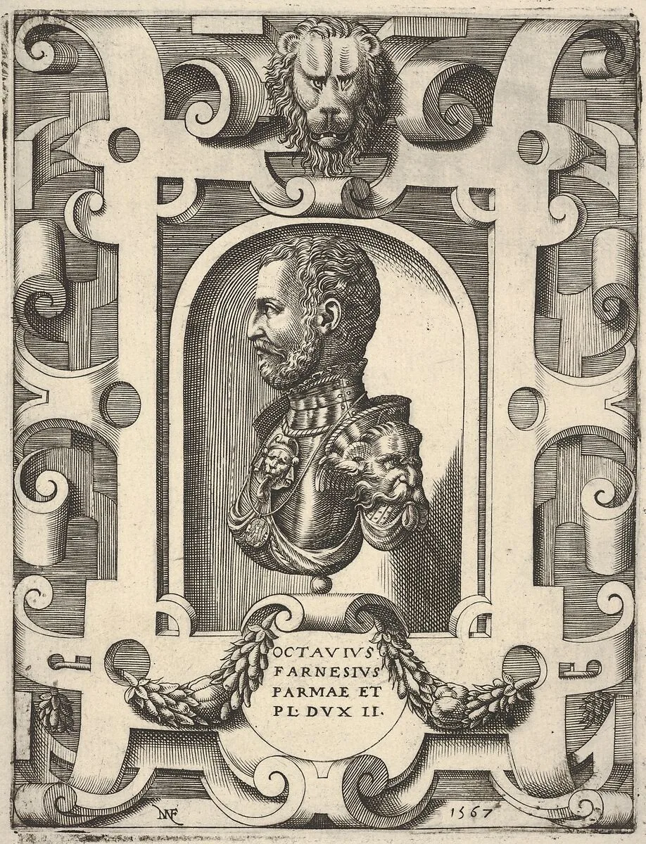Bust portrait of Ottavio Farnese, shown in profile within a niche, surrounded by an ornamented cartouche — Nicolò Nelli