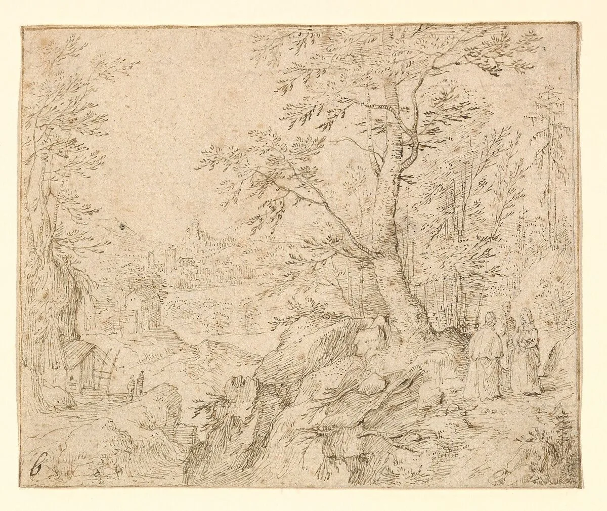 Rugged Wooded River Landscape with Travellers on a Road and a Town Beyond — Philip van den Bossche