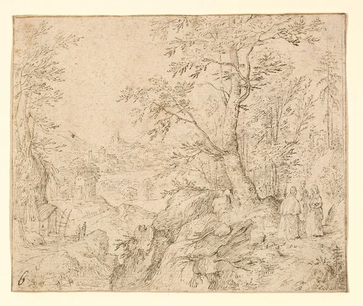 Rugged Wooded River Landscape with Travellers on a Road and a Town Beyond