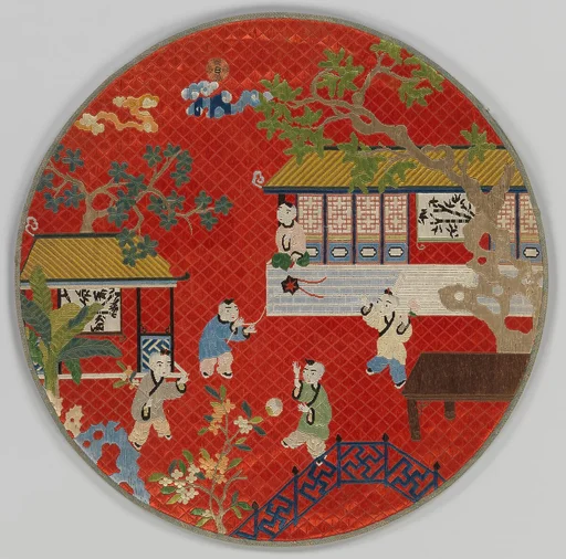 清    刺繡嬰戯圖鏡囊|Mirror case with boys at play