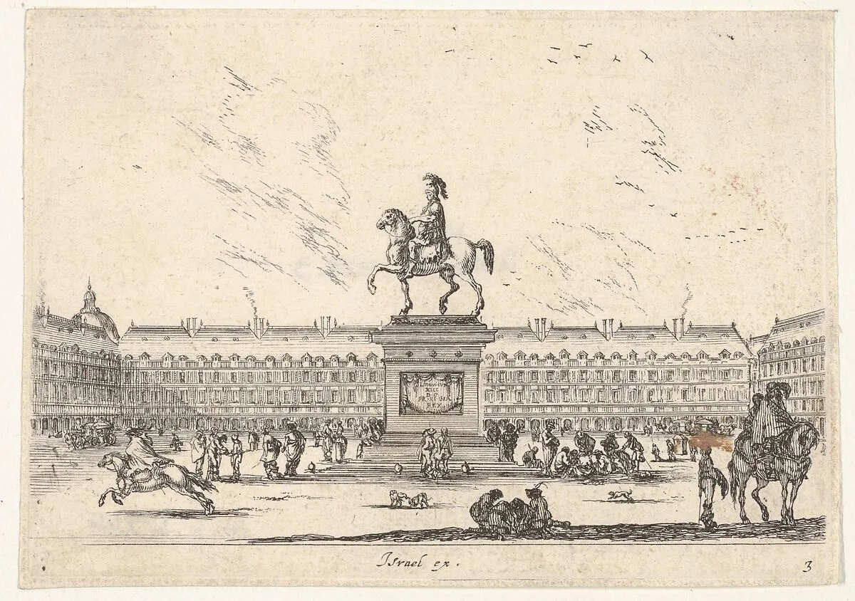 Plate 3: La Place Royale, equestrian statue of Louis XIII in profile facing the left in center, various horsemen and figures in background, from 'Various Figures' (Agréable diversité de figures) — Stefano della Bella|Israël Henriet