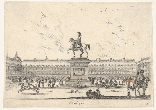 Plate 3: La Place Royale, equestrian statue of Louis XIII in profile facing the left in center, various horsemen and figures in background, from 'Various Figures' (Agréable diversité de figures)